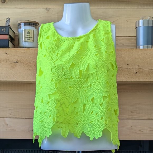 Double Zero Tops - Neon Yellow Floral Tank With rear button closure, Double Zero Brand Medium